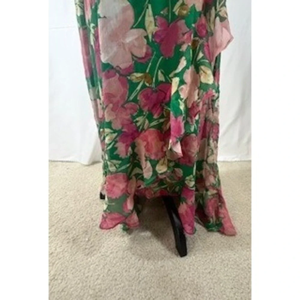London Times Fashion Green Pink Floral Maxi Dress Ruffle Chiffon Gown Size 12 - Picture 4 of 8